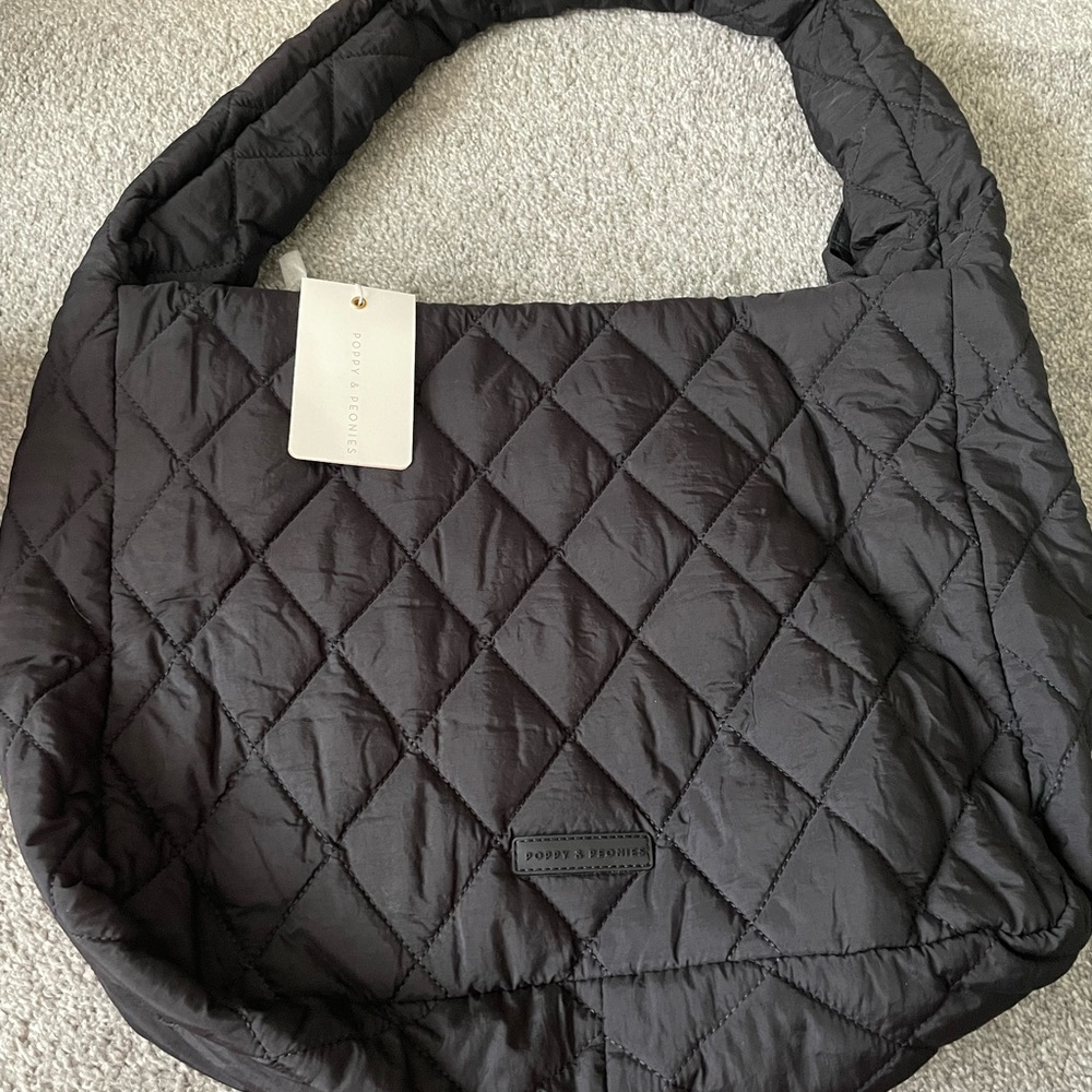 Poppy & Peonies Black Quilted Hobo Bag with Textured Design